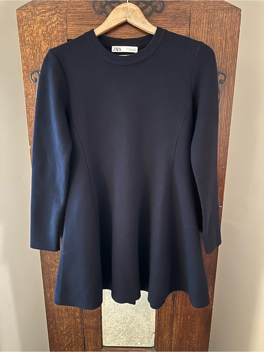 Zara Classic Navy Knit Long-Sleeve A-Line Mini Dress Size Small Mod 60s - Picture 3 of 9